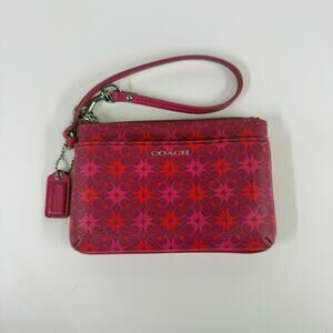 Coach Pink Red Signature Logo Wristlet Pouch 6x4 Zip Small Bag
